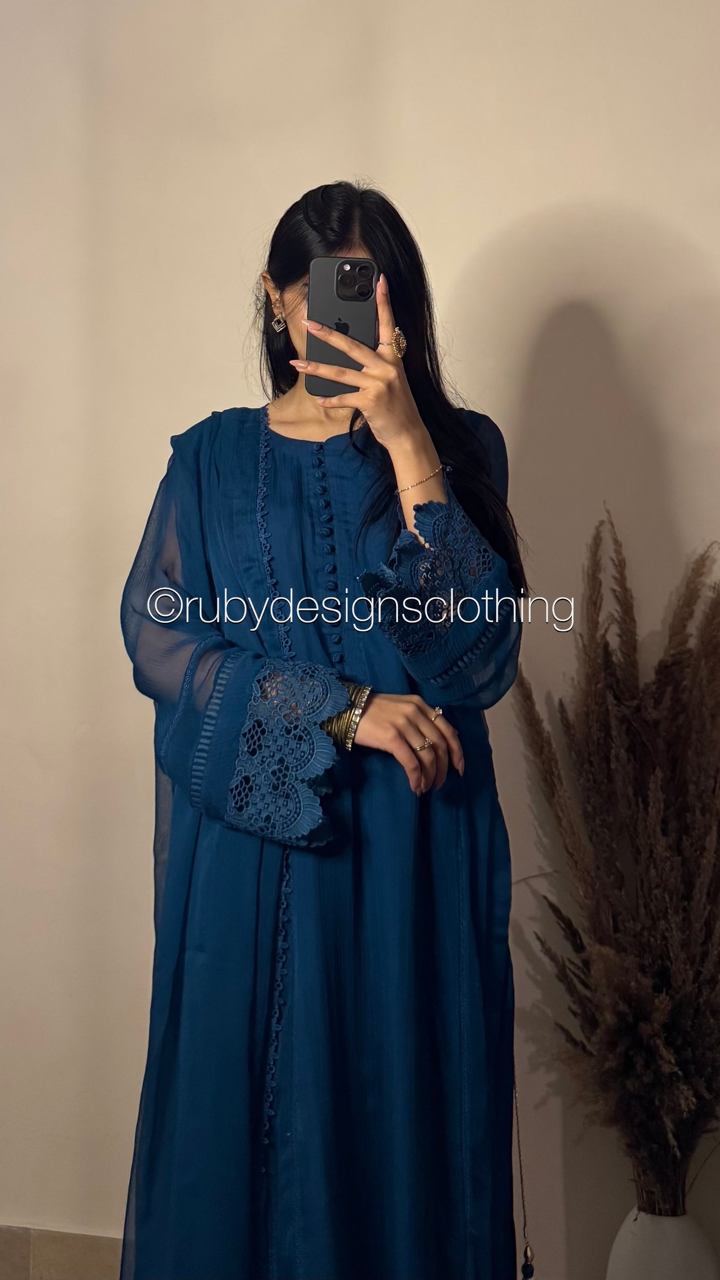 MINHA Teal - 3 Piece Chiffon Suit with Cutwork