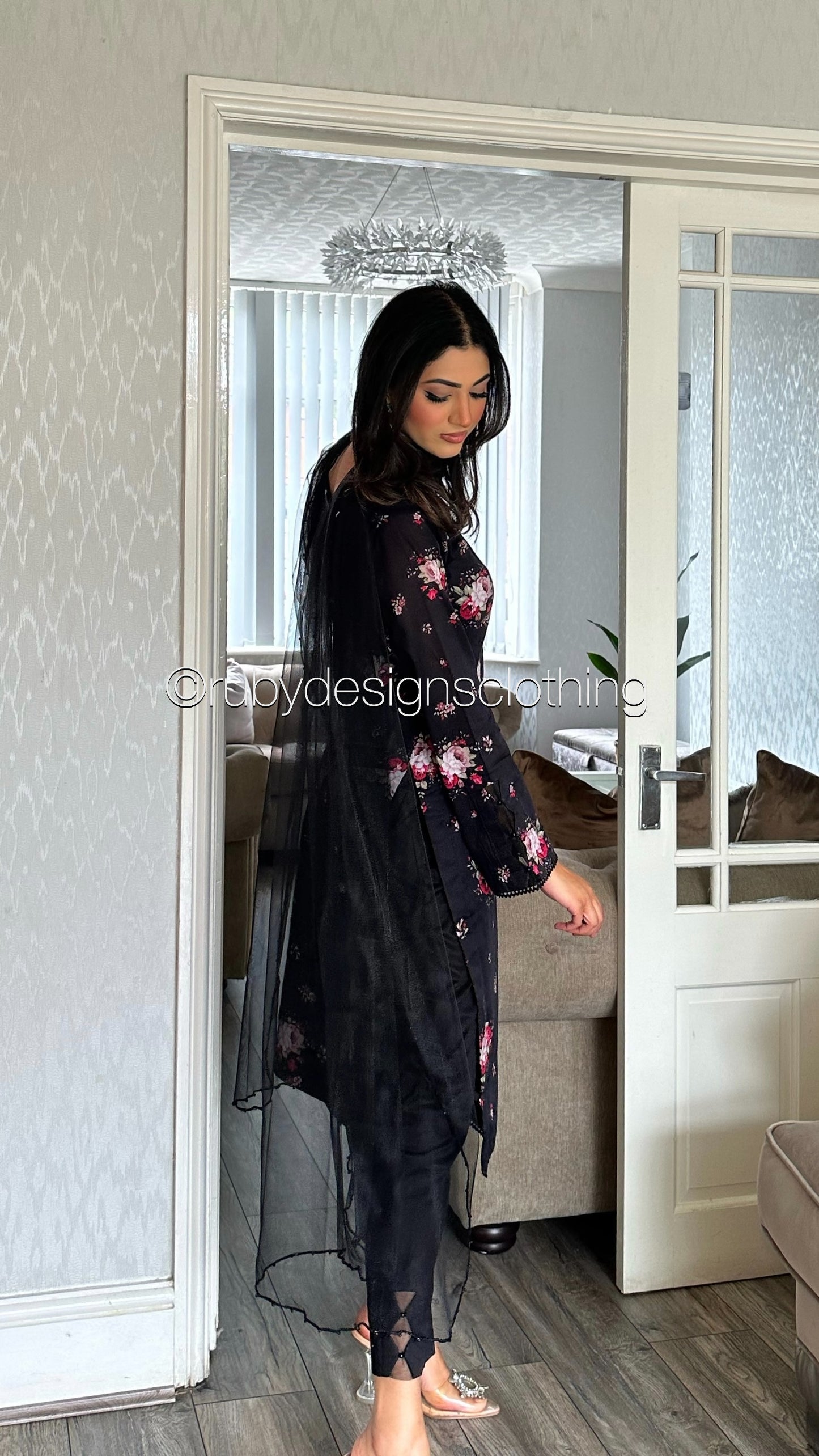 IMAN - 3 Piece Black Floral Print Lawn Suit with Net Dupatta