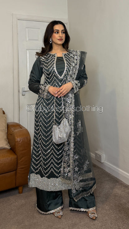 IZMA Smoke - 3 Piece Net Suit with Wide Leg Trousers