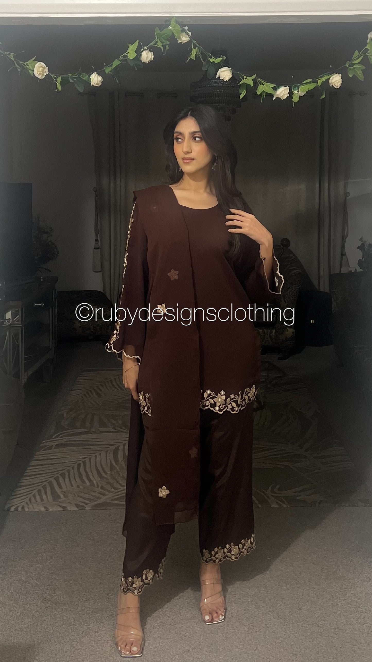 SAMAN Cocoa - 3 Piece Chiffon Suit with Embroidered Detailing