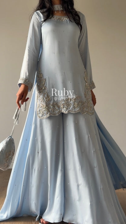 PARISA Sky - 4 Piece Silk Suit with Matching Potli Bag