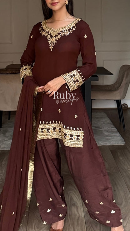 SAJAL Cocoa - 3 Piece Chiffon Suit with Farshi Shalwar and Gota Handwork