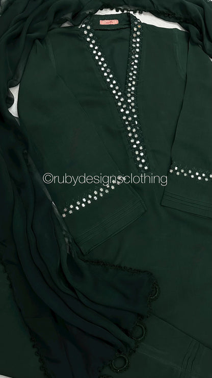 TARA Green - 3 Piece Linen Suit with Mirror Work