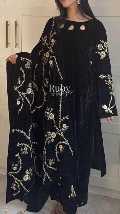 RAISA Black - 3 Piece Luxury Velvet Suit with Heavy Embellished Shawl