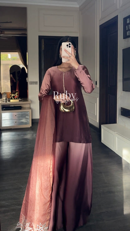 FIHA Mocha - 3 Piece Ombrè Silk Suit with Flowy Wide Pants