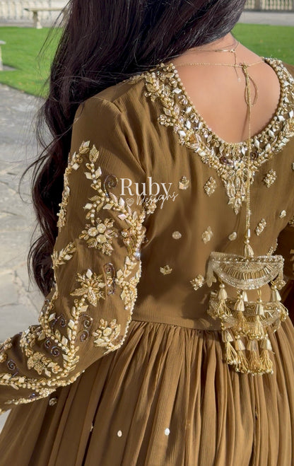 NAYRA Style 1 (Dress) - 3 Piece Khaki Chiffon Dress with Kiran Lace Dupatta and Churidaar Trousers