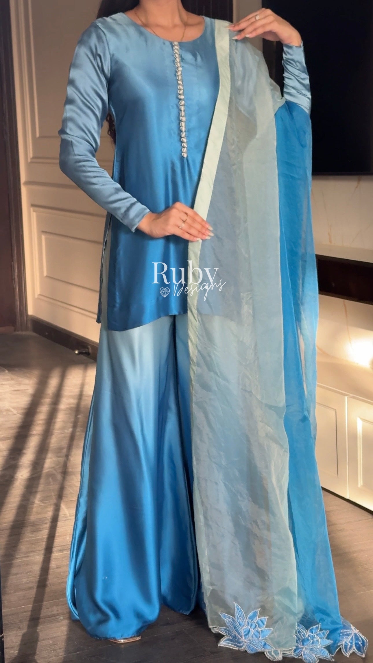 FIHA Azure - 3 Piece Ombrè Silk Suit with Flowy Wide Pants