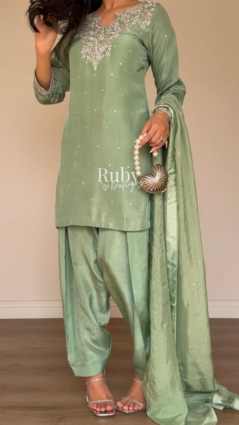 MARWA - 3 Piece Sage Green Silk Suit with Shalwar
