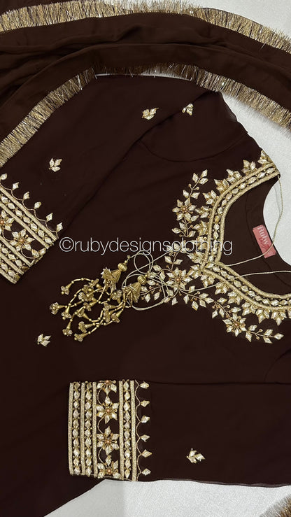 SAJAL Cocoa - 3 Piece Chiffon Suit with Farshi Shalwar and Gota Handwork