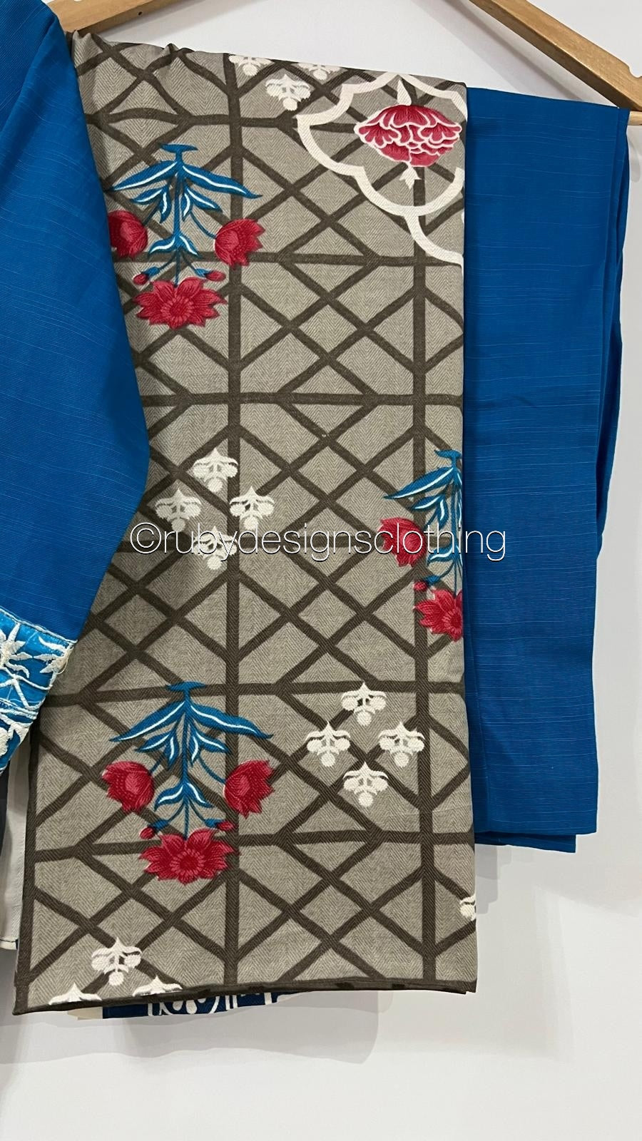 3 Piece Blue Khaddar Suit with Shawl (8747218600149)