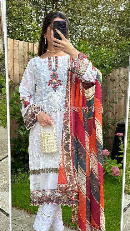 EXCLUSIVE SAMPLE - 3 Piece White Lawn Suit with Chiffon Dupatta (8746816635093)