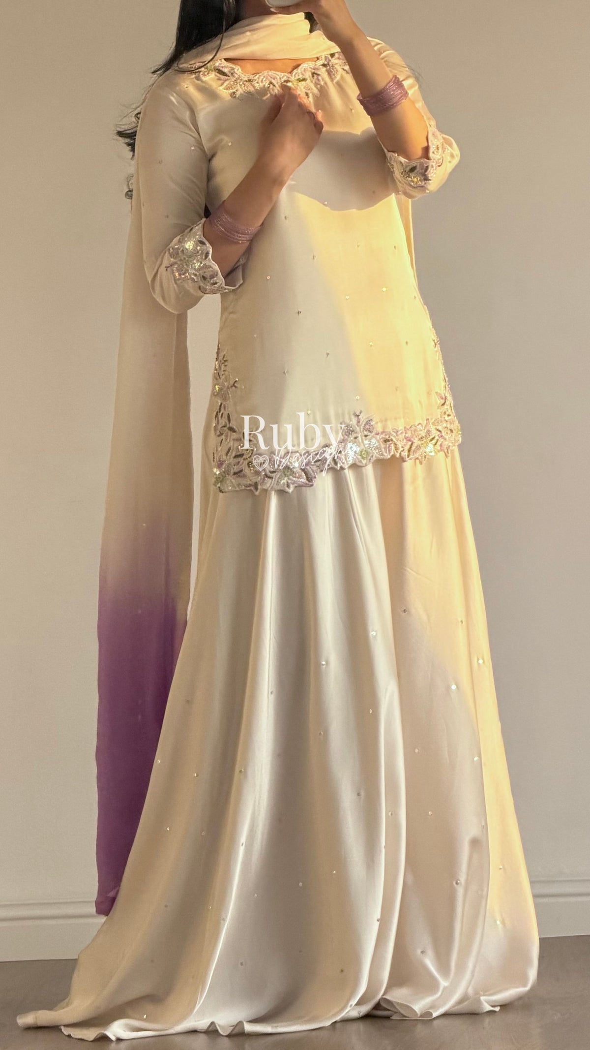AMEERA - 3 Piece Off-White Silk Suit with Ombrè Dupatta