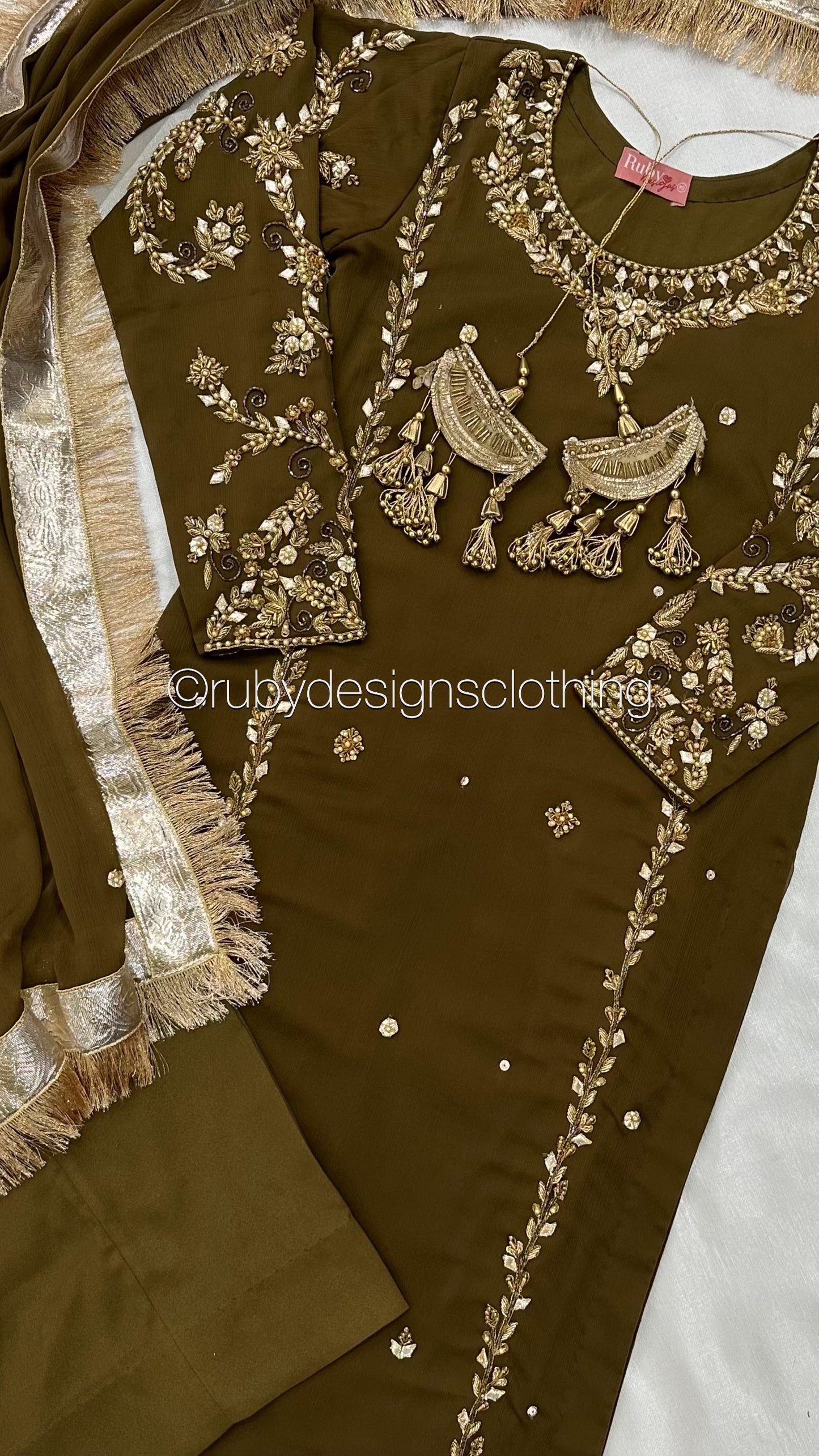 NAYRA Style 2 (Long Shirt) - 3 Piece Khaki Chiffon Suit with Trouser