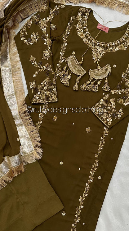 NAYRA Style 2 (Long Shirt) - 3 Piece Khaki Chiffon Suit with Trouser