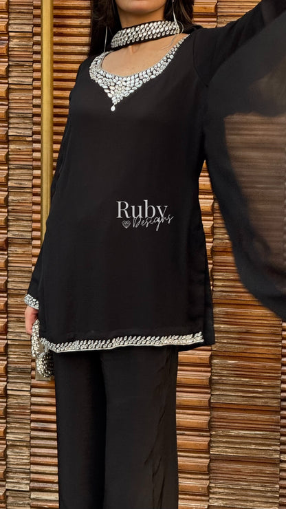 EISHA - 3 Piece Black Chiffon Suit with Premium Crystal Handwork