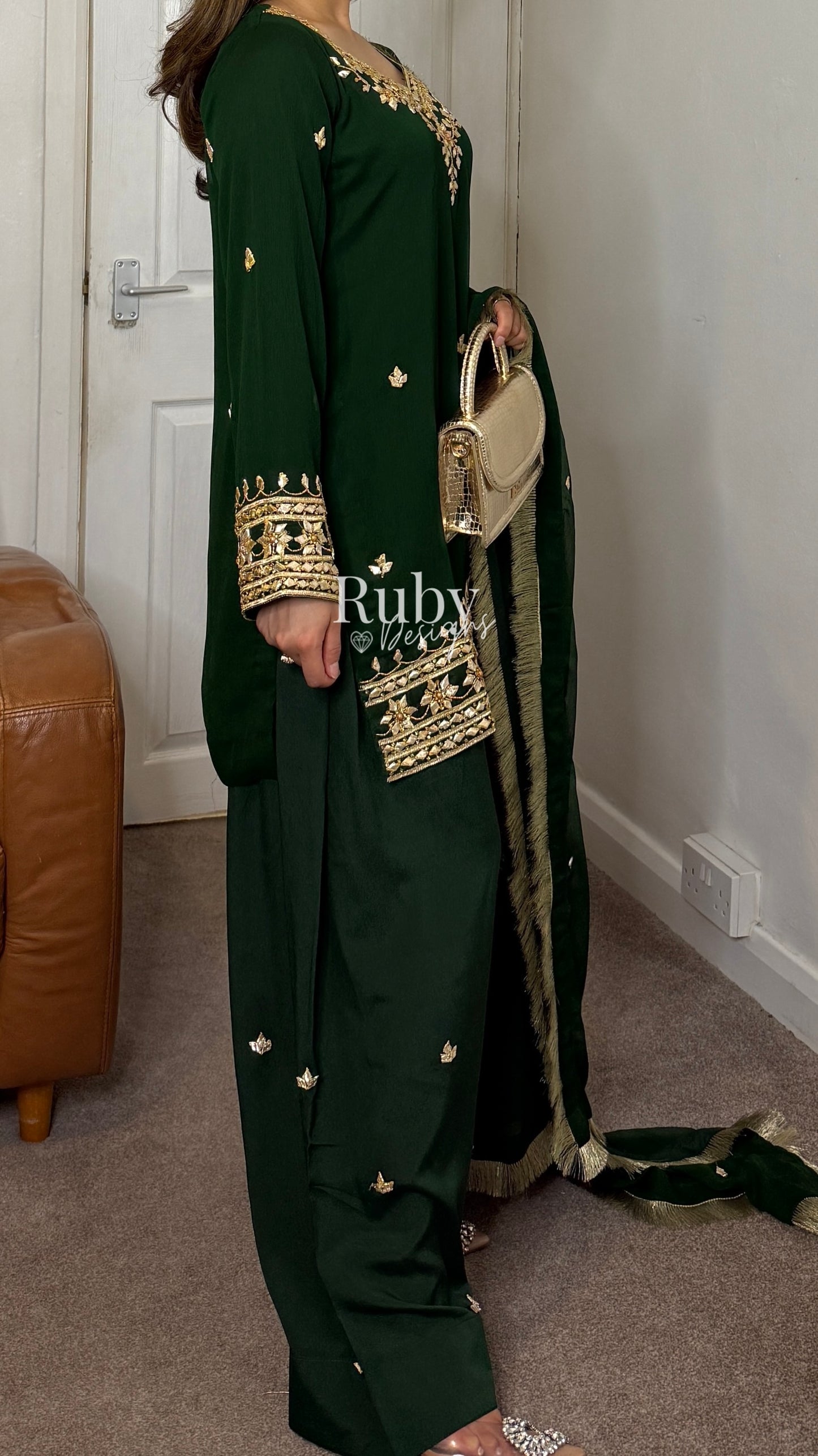 SAJAL Emerald - 3 Piece Chiffon Suit with Farshi Shalwar and Gota Handwork