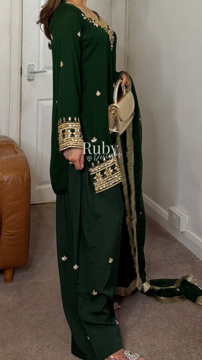 SAJAL Emerald - 3 Piece Chiffon Suit with Farshi Shalwar and Gota Handwork