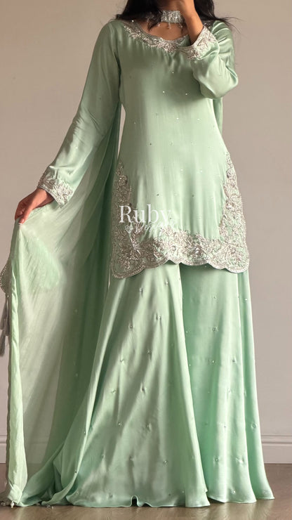 PARISA Sage - 4 Piece Silk Suit with Matching Potli Bag