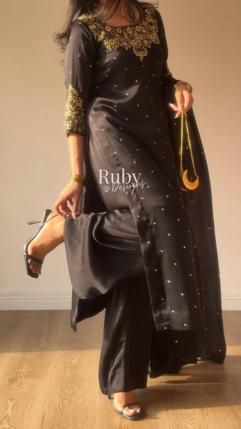 HANIA Noir - 3 Piece Silk Suit with Straight Trouser