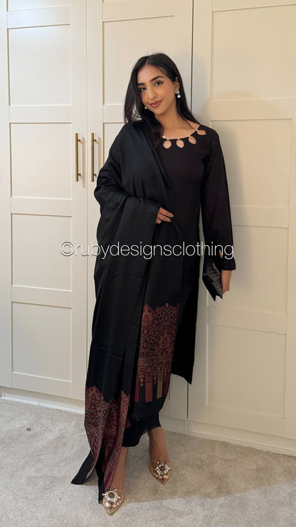 MIRA Black - 3 Piece Linen Suit with Printed Shawl