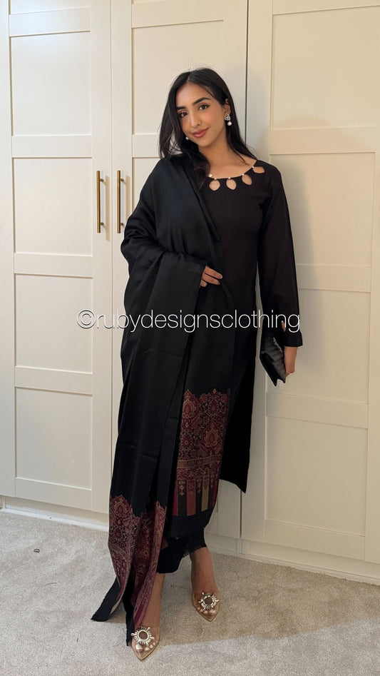 MIRA Black - 3 Piece Linen Suit with Printed Shawl