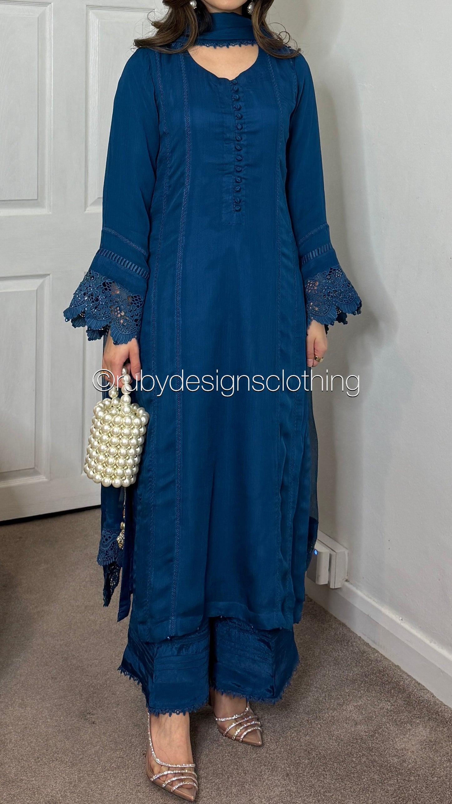 MINHA Teal - 3 Piece Chiffon Suit with Cutwork