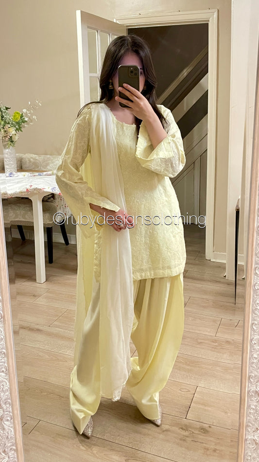 Butter Yellow - 3 Piece Chikankari Suit with Farshi Shalwar