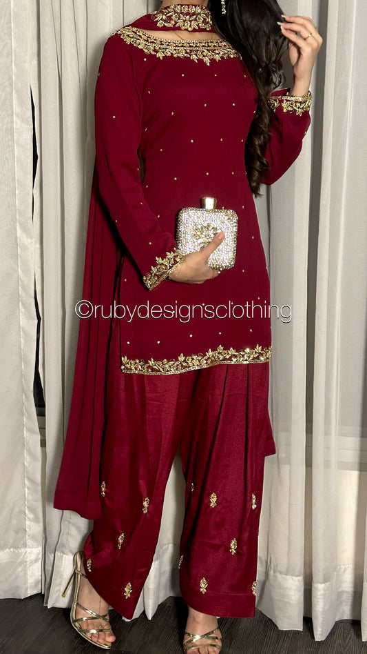 HUMNA Ruby - 3 Piece Chiffon Suit with Farshi Shalwar