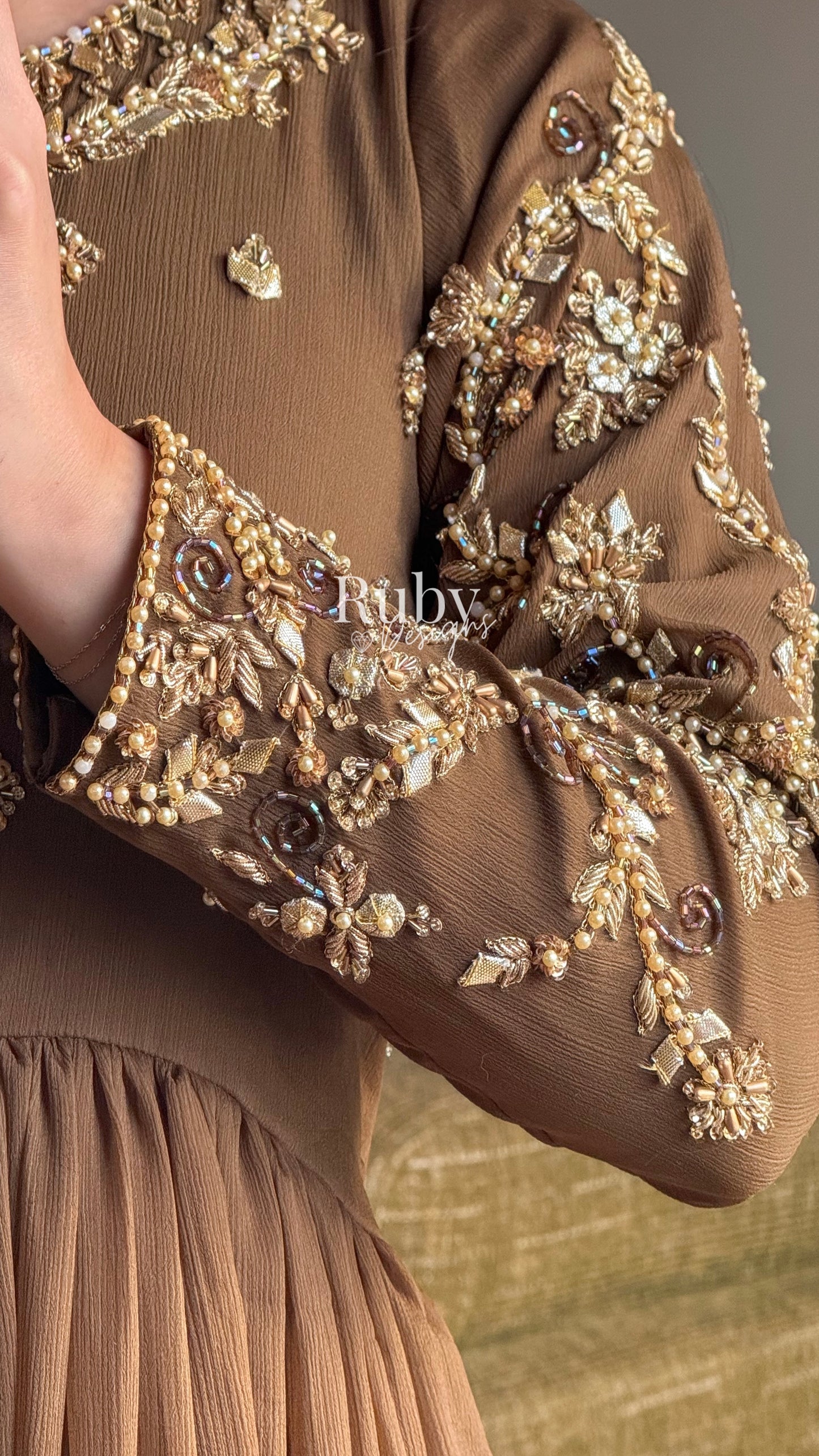 NAYRA Style 1 (Dress) - 3 Piece Khaki Chiffon Dress with Kiran Lace Dupatta and Churidaar Trousers