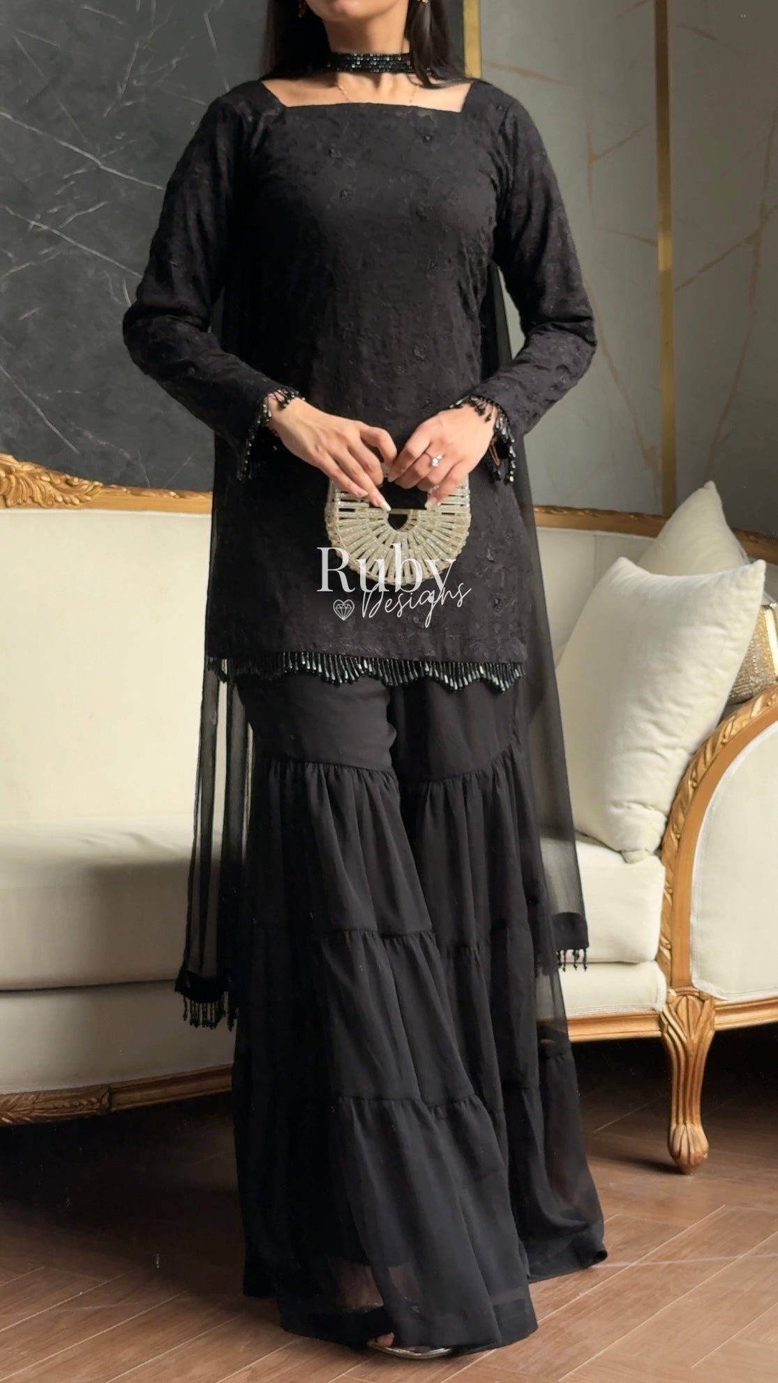 FARYAL Noir - 3 Piece Chiffon Suit with Tiered Sharara