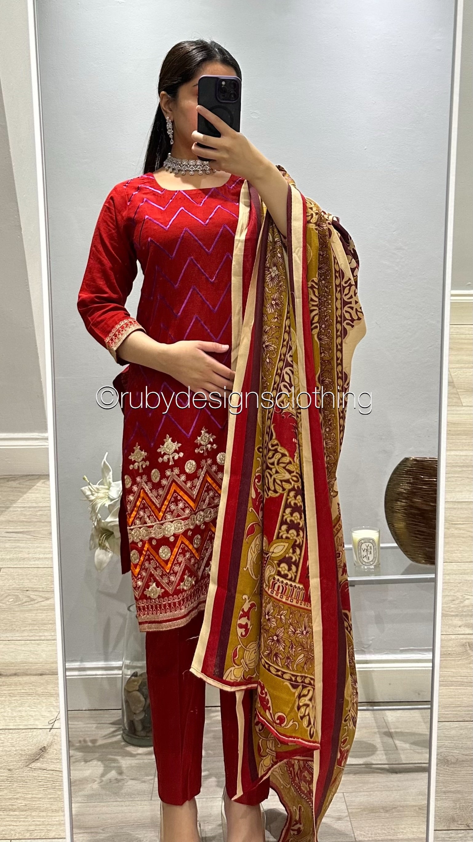 3 Piece Red Khaddar Suit with Shawl (8746816143573)