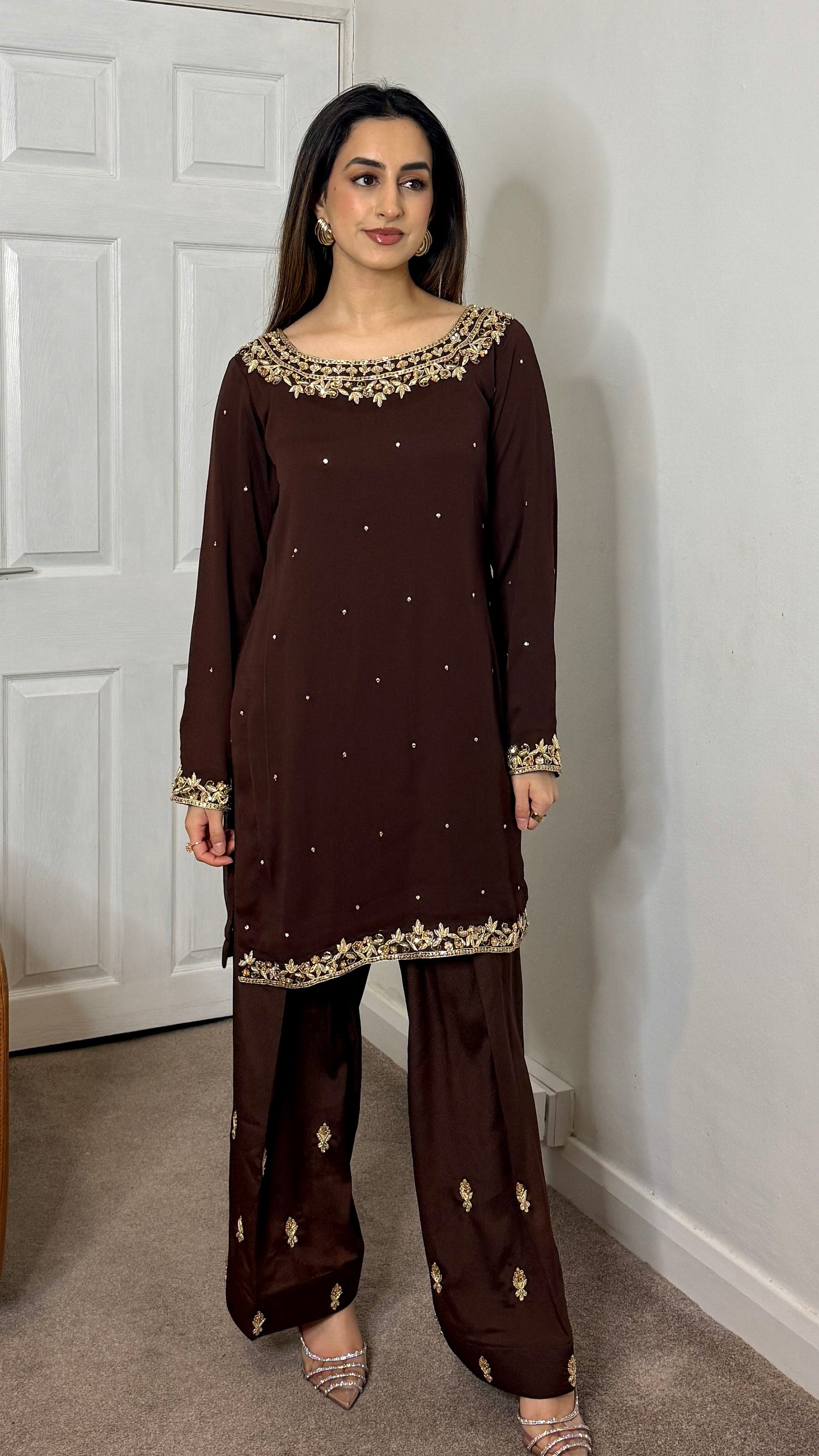 HUMNA Cocoa - 3 Piece Chiffon Suit with Farshi Shalwar