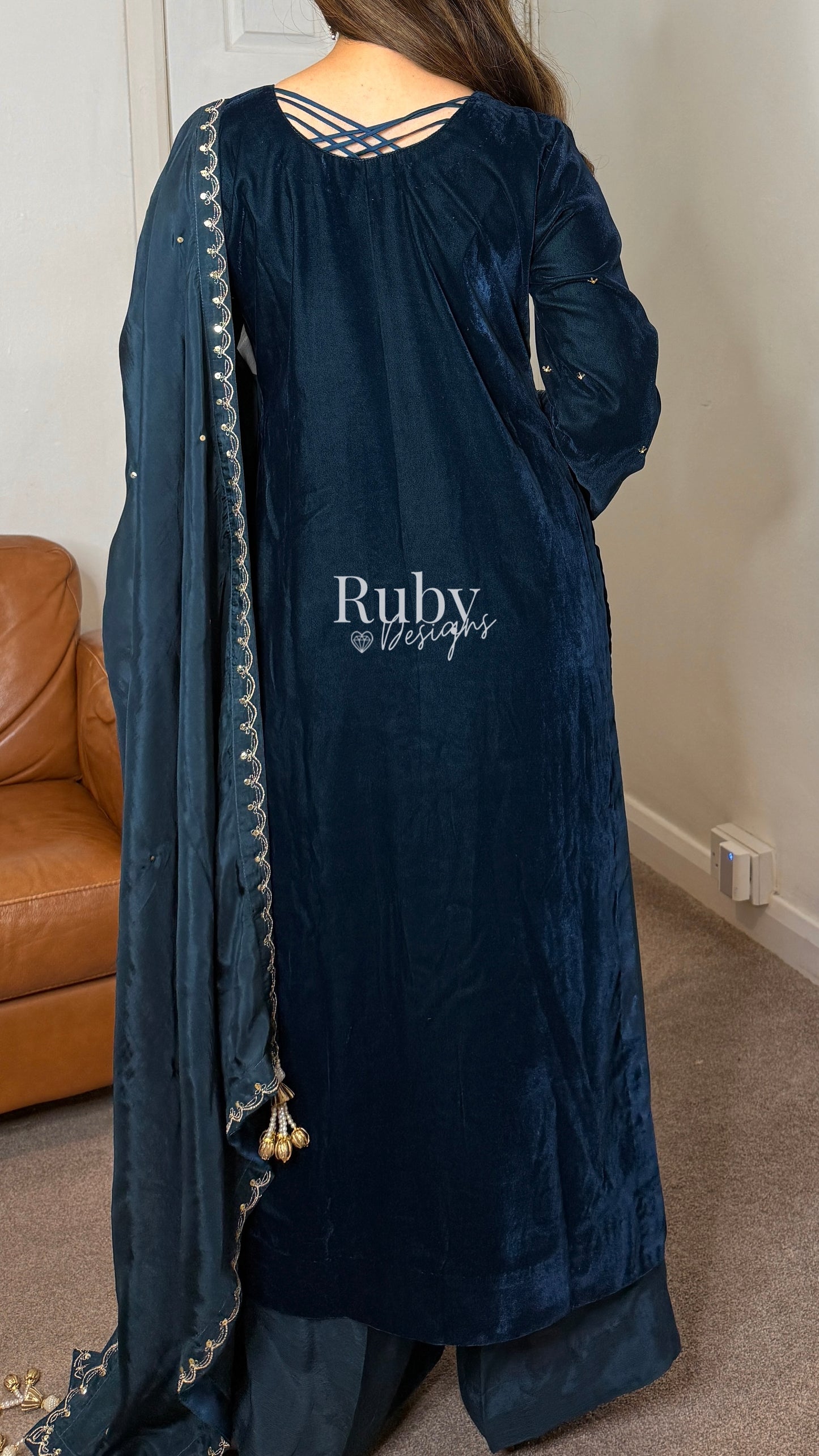 LINA - 3 Piece Teal Luxury Velvet Suit with Gold Handwork