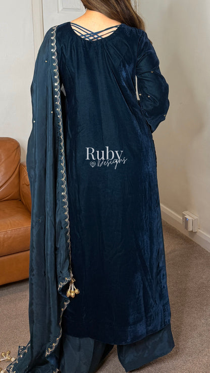 LINA - 3 Piece Teal Luxury Velvet Suit with Gold Handwork