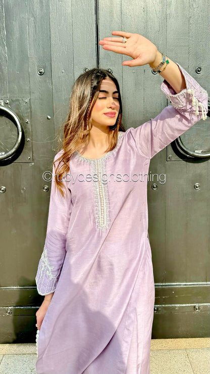 MIRAY Lilac - 3 Piece Luxury Korean Raw Silk Suit with Ruffle Dupatta