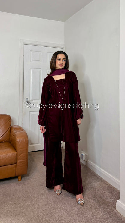 ANUM - 3 Piece Maroon Luxury Velvet Suit with Pearls