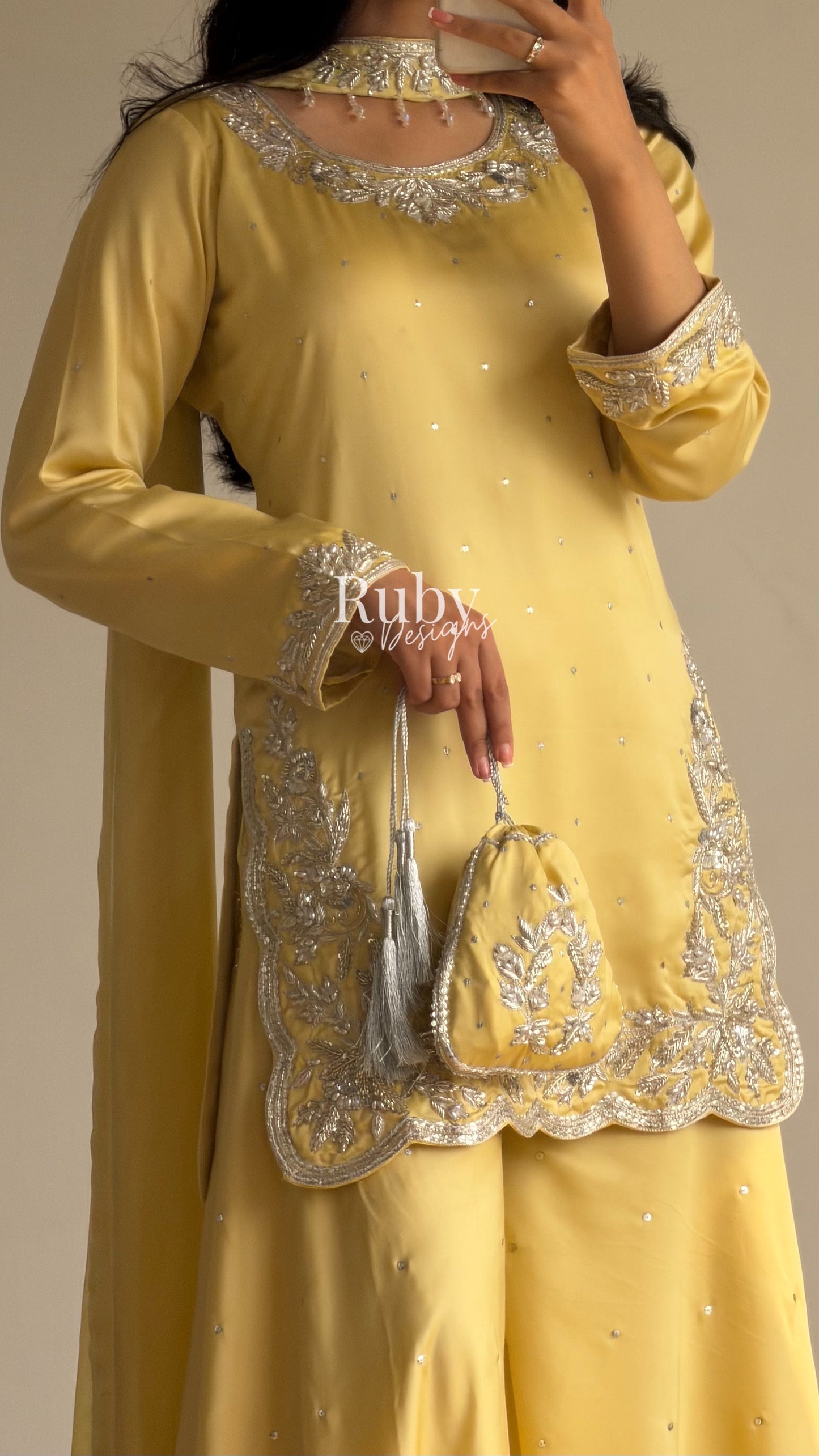 PARISA Butter - 4 Piece Silk Suit with Matching Potli Bag