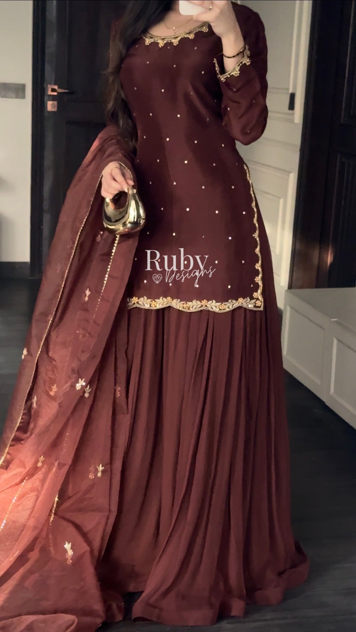 ZEBA Chocolate - 3 Piece Luxury Suit with Sharara