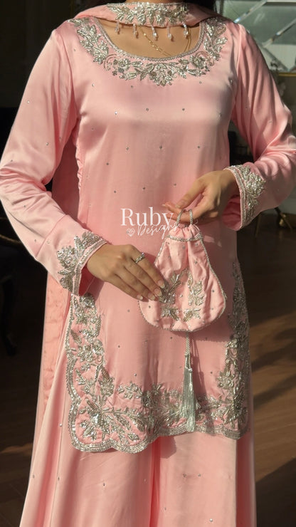 PARISA Rose - 4 Piece Silk Suit with Matching Potli Bag