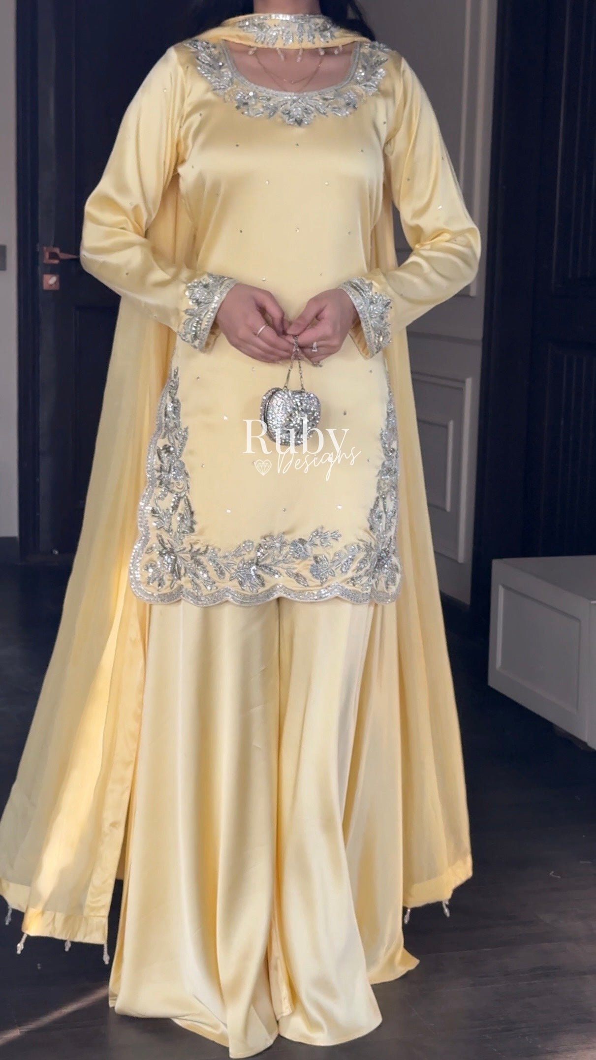 PARISA - 3 Piece Butter Yellow Silk Suit with Sharara