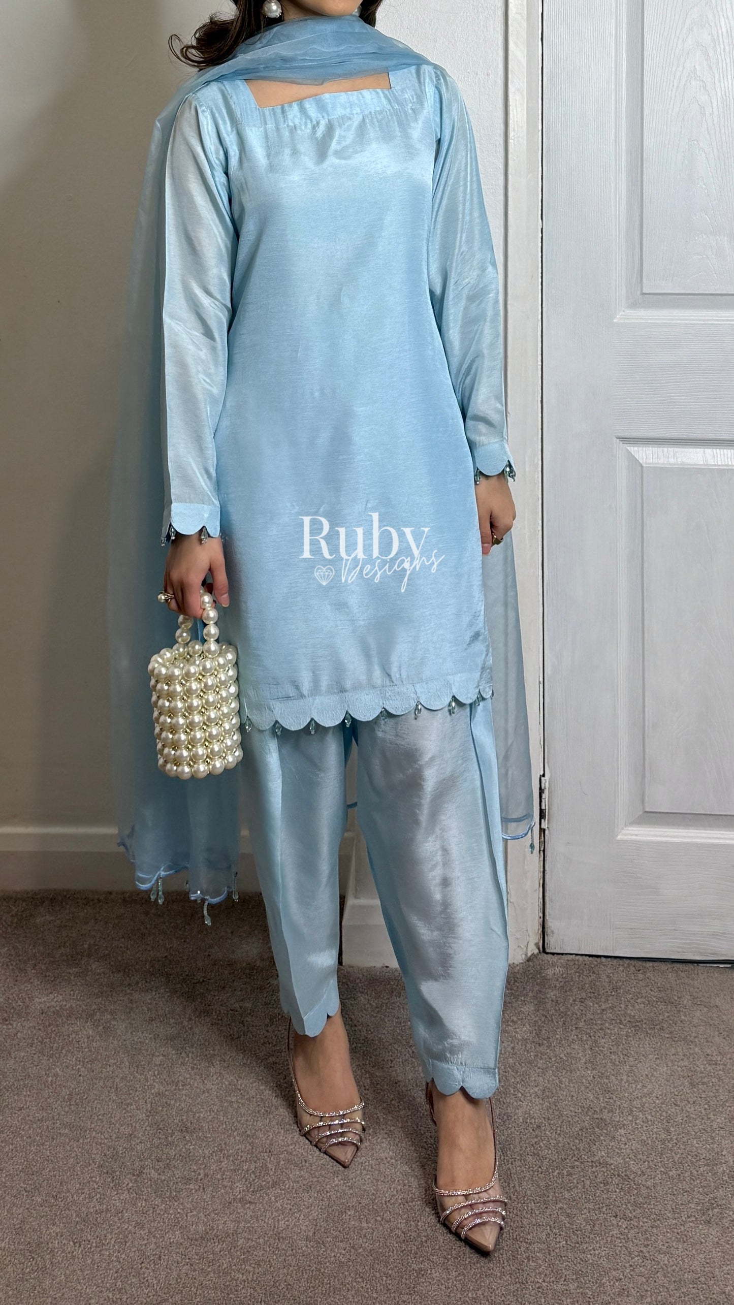 HAYAT Sky - 3 Piece Silk Suit with Skinny Shalwar