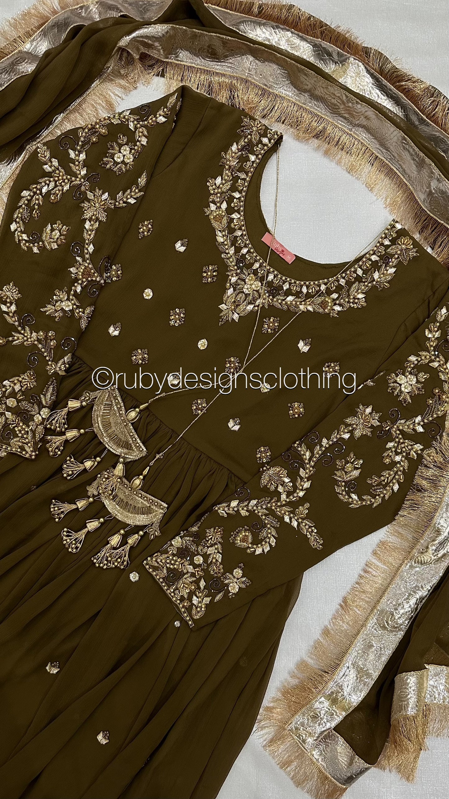 NAYRA Style 1 (Dress) - 3 Piece Khaki Chiffon Dress with Kiran Lace Dupatta and Churidaar Trousers