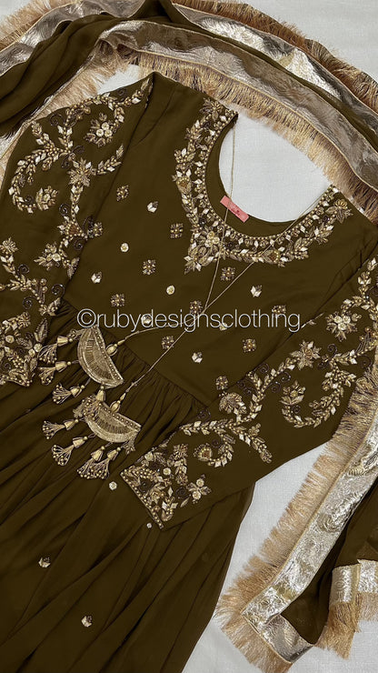 NAYRA Style 1 (Dress) - 3 Piece Khaki Chiffon Dress with Kiran Lace Dupatta and Churidaar Trousers