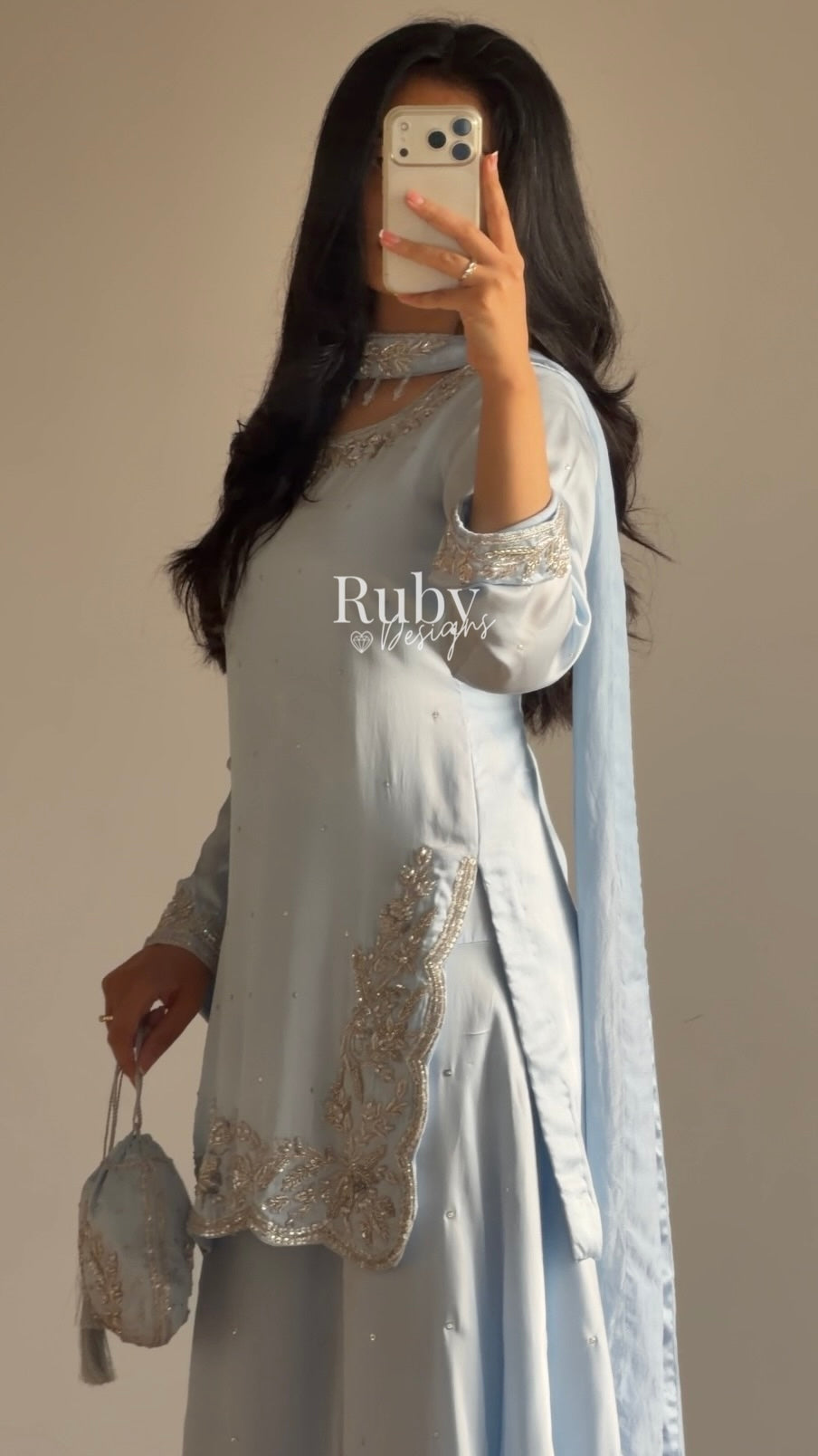 PARISA Sky - 4 Piece Silk Suit with Matching Potli Bag