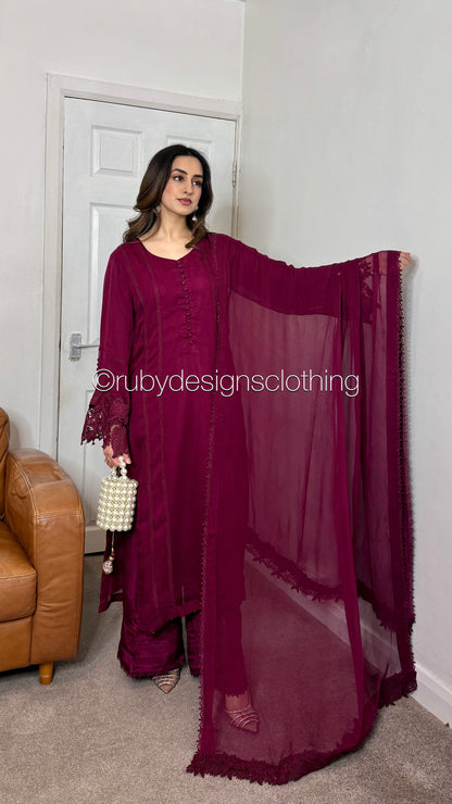 MINHA Berry - 3 Piece Chiffon Suit with Cutwork