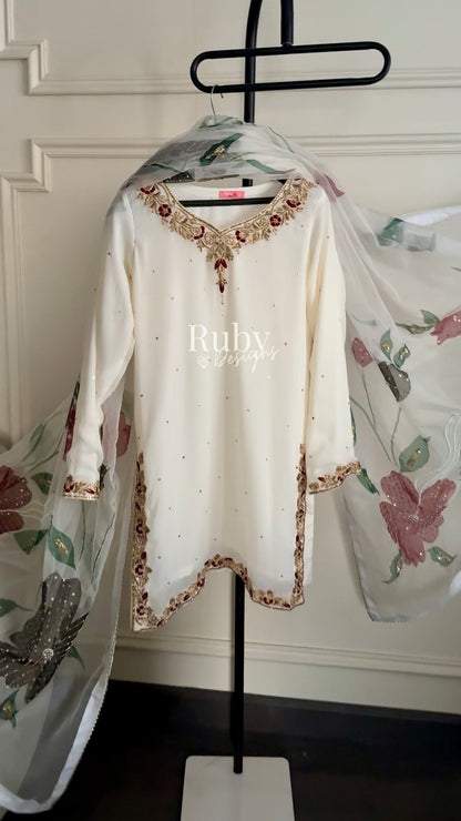 ZAIRA Ivory - 3 Piece Chiffon Sharara Suit with Hand Painted Dupatta