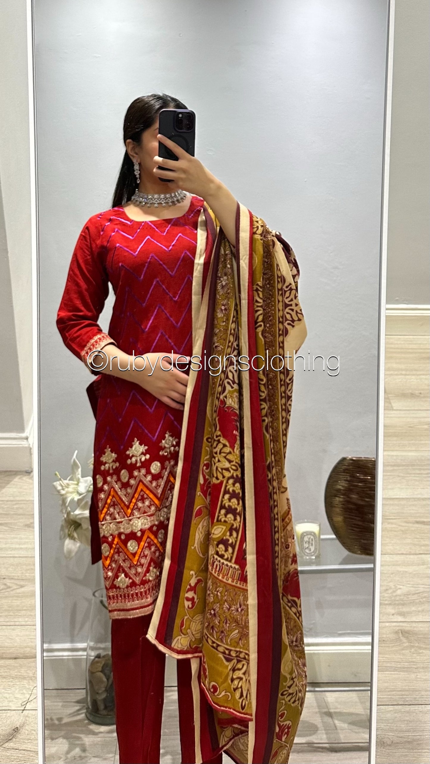 3 Piece Red Khaddar Suit with Shawl (8746816143573)