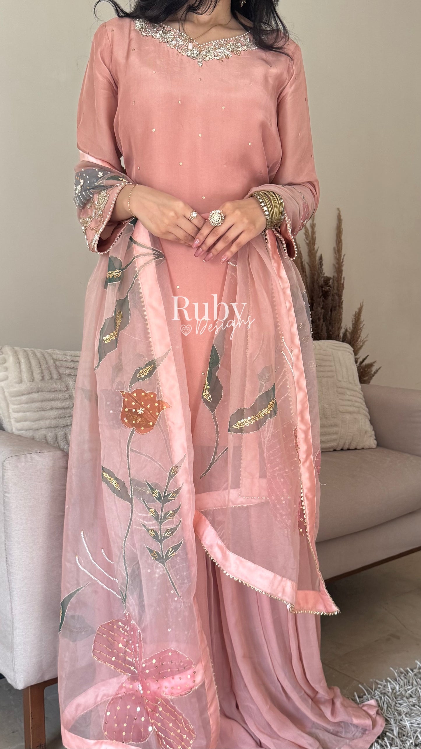 ZAIRA Rose - 3 Piece Chiffon Sharara Suit with Hand Painted Dupatta