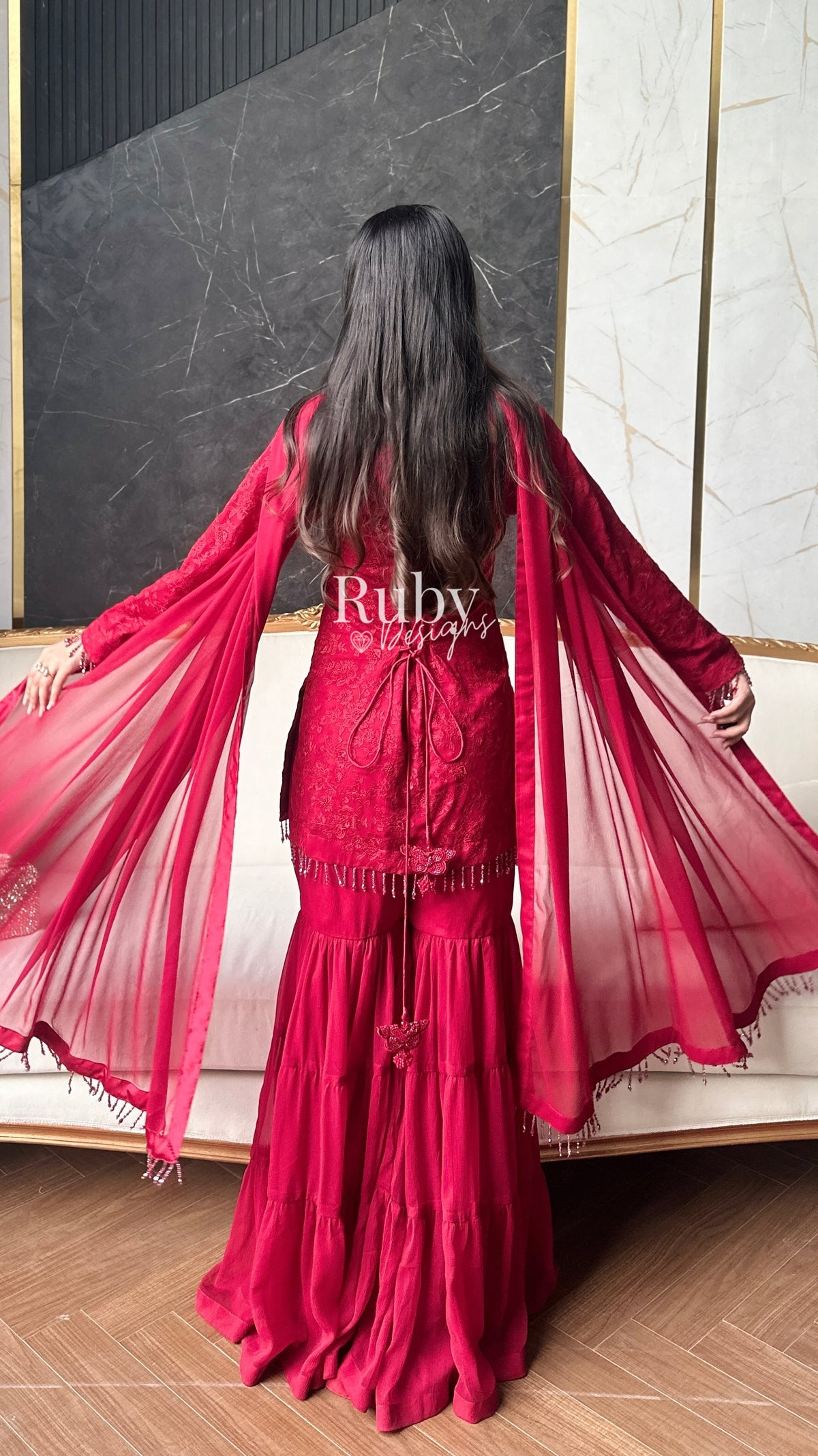 FARYAL Rouge - 3 Piece Chiffon Suit with Tiered Sharara