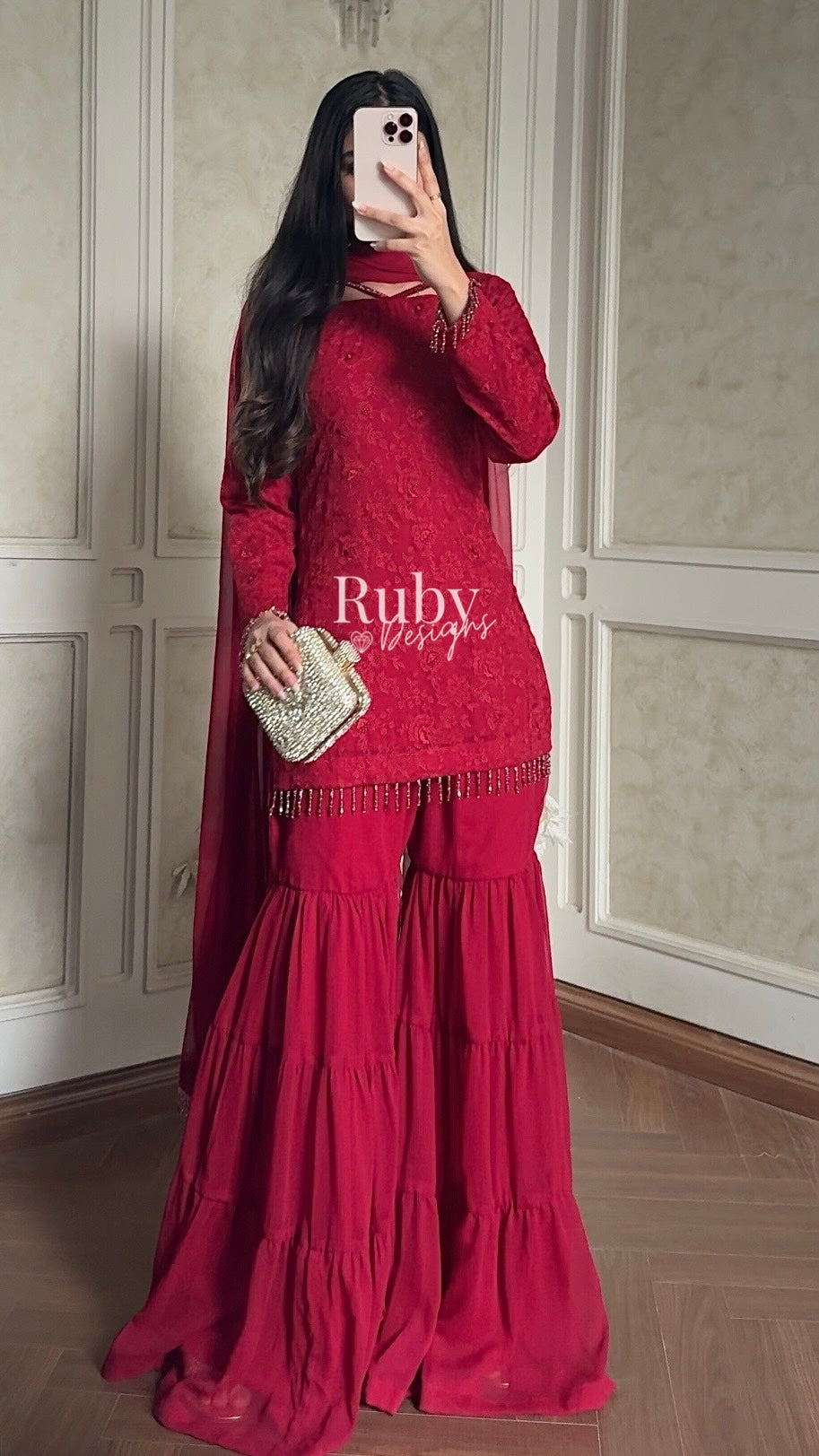 FARYAL Rouge - 3 Piece Chiffon Suit with Tiered Sharara